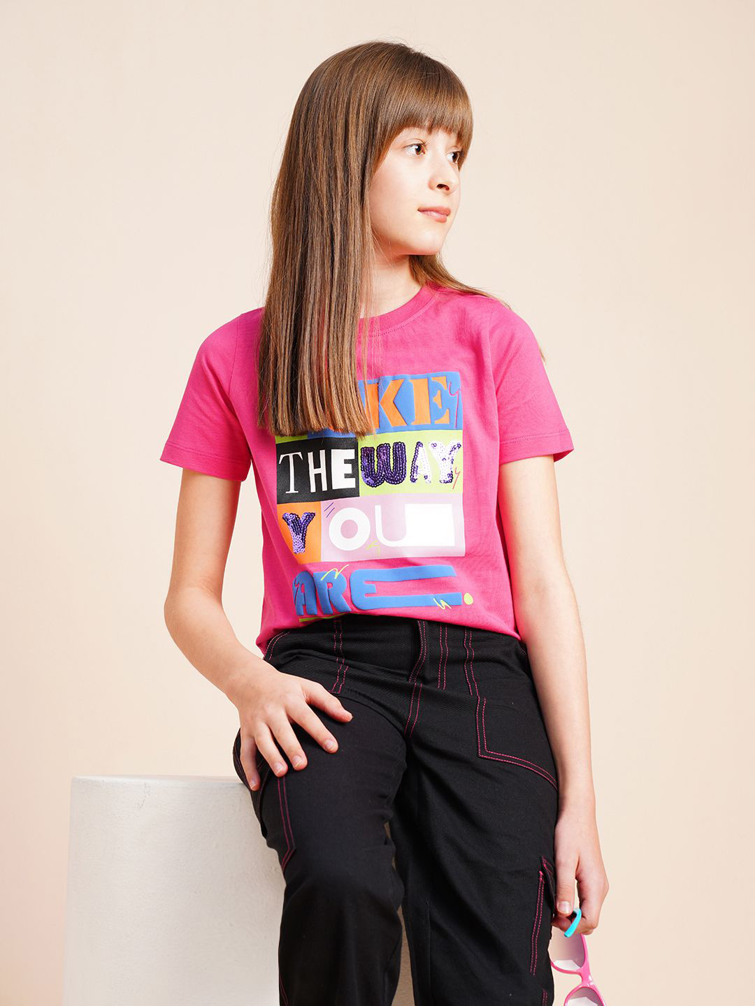 

Vero Moda Girls Typography Printed Round Neck Cotton T-shirt, Pink