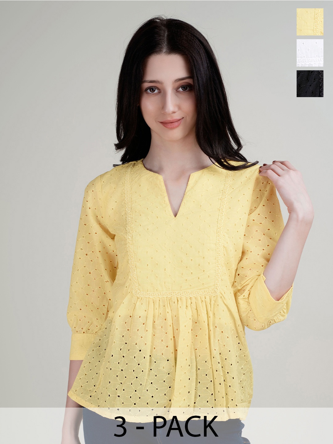 

HOUSE OF MIRA Women Pack Of 3 V-Neck Cotton Top, Yellow