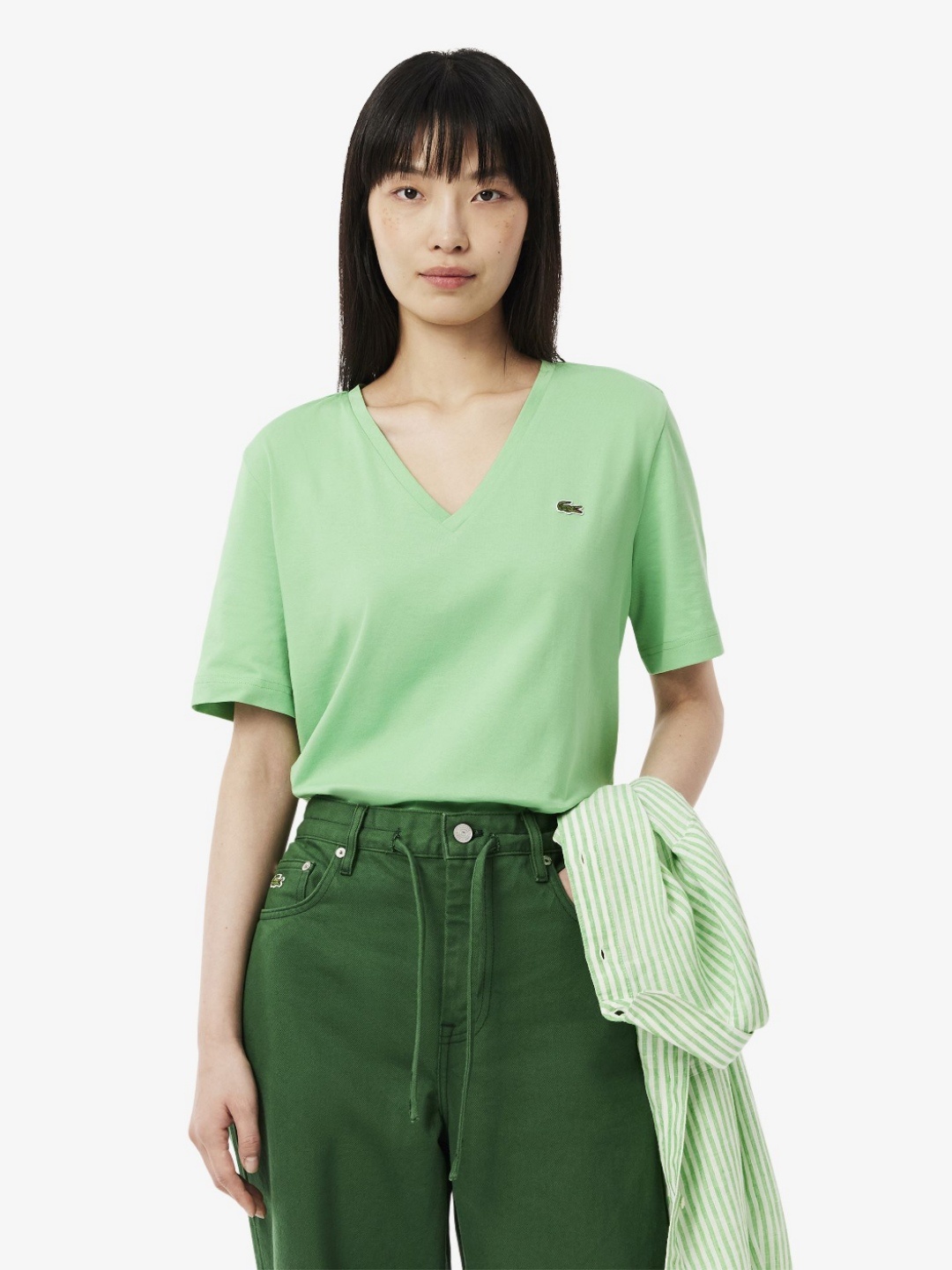 

Lacoste Women Solid V-Neck Cotton Relaxed Fit T-shirt, Green