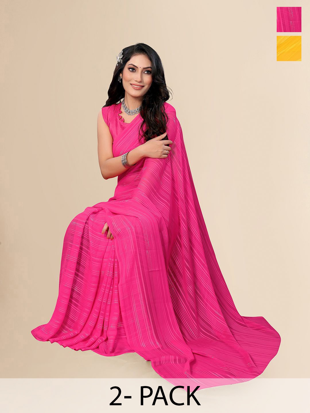 

Moda Rapido Set of 2 Striped Satin Sarees, Pink