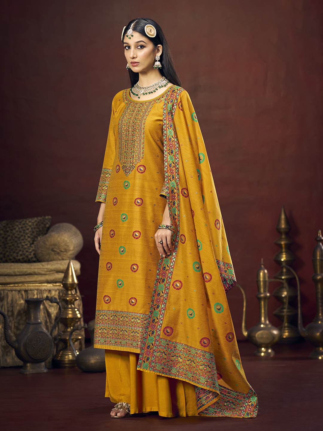

Anouk Embroidered Zari Work Unstitched Dress Material, Yellow
