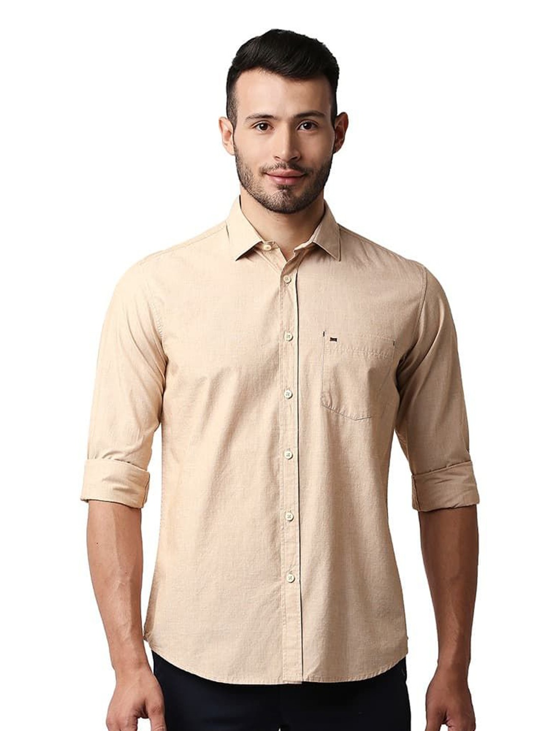 

Basics Men Relaxed Fit Spread Collar Solid Cotton Casual Shirt, Beige