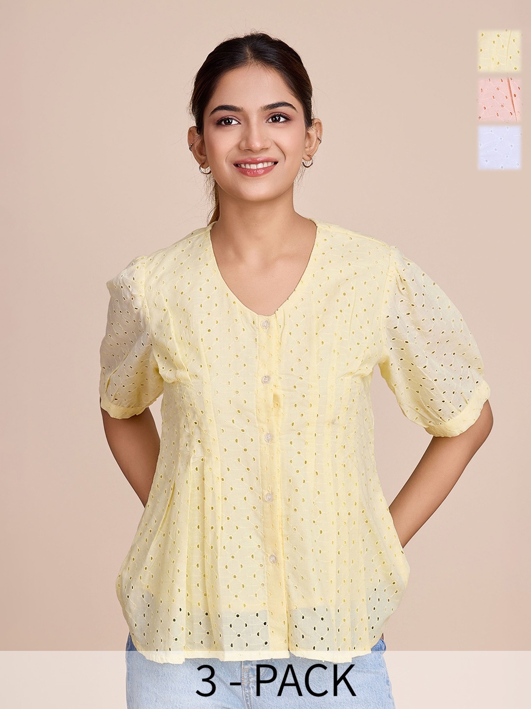 

HOUSE OF MIRA Pack Of 3 Cotton Schiffli Detail Top, Yellow