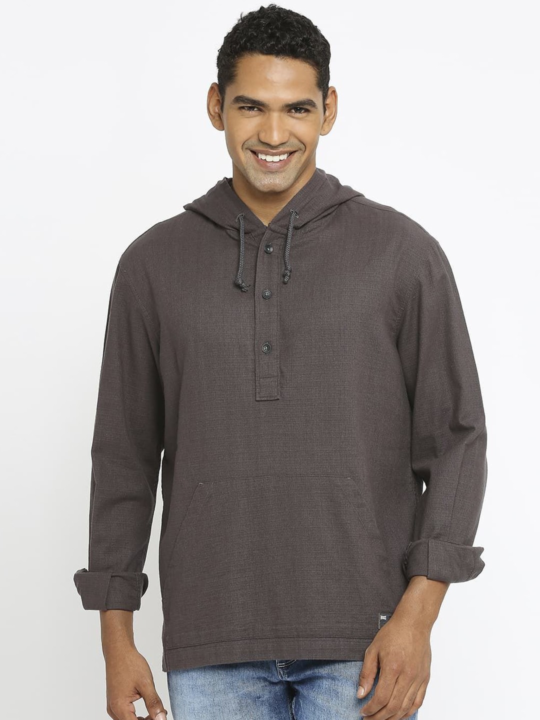 

Basics Men Relaxed Fit Hooded Solid Cotton Casual Shirt, Grey