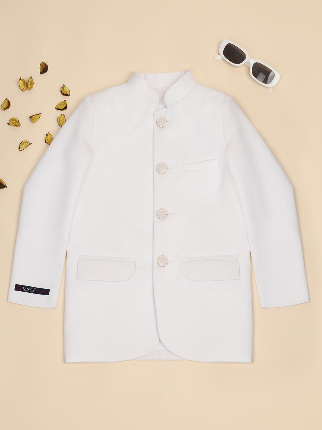 

TAHVO Boys Mandarin Collar Bandhgala Blazer, White