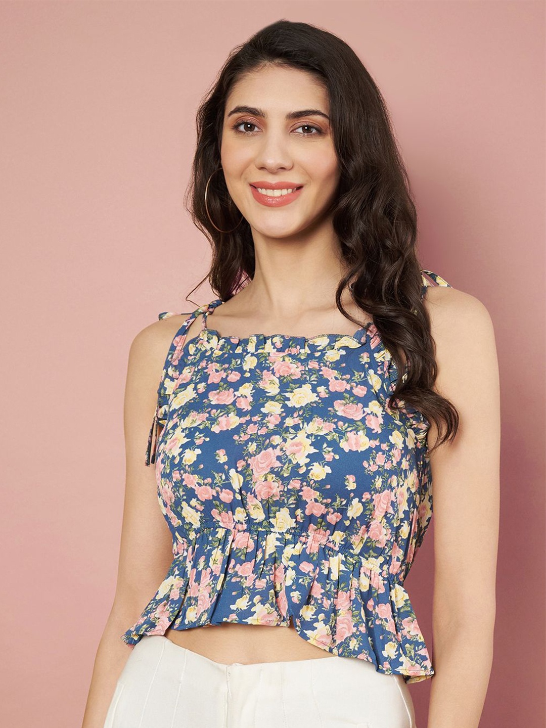 

Slenor Floral Print Ruffles Georgette Peplum Crop Top, Navy blue