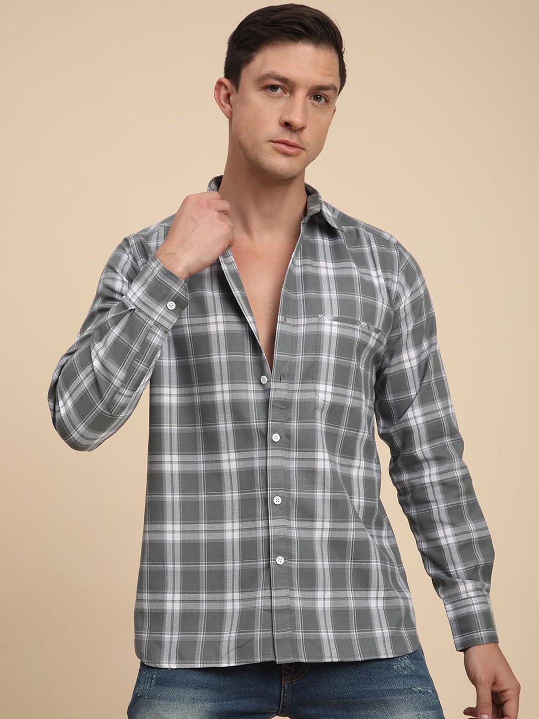 

Voroxy Men Comfort Fit Spread Collar Tartan Checked Casual Shirt, Olive