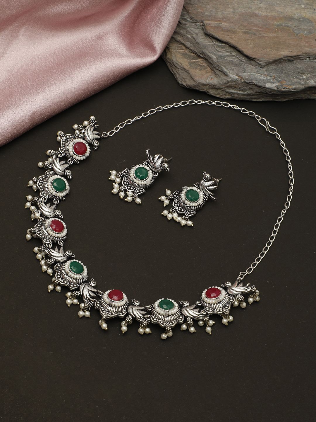 

VIVAZS Oxidised Silver-Plated Stone-Studded Jewellery Set