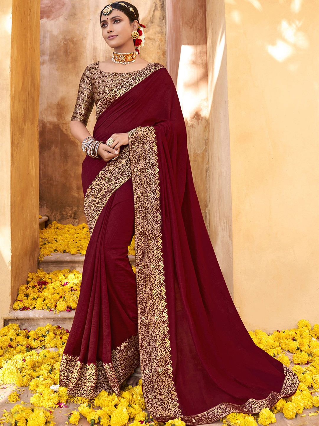

VIRENDRA TEXTILES Pure Georgette Saree, Burgundy