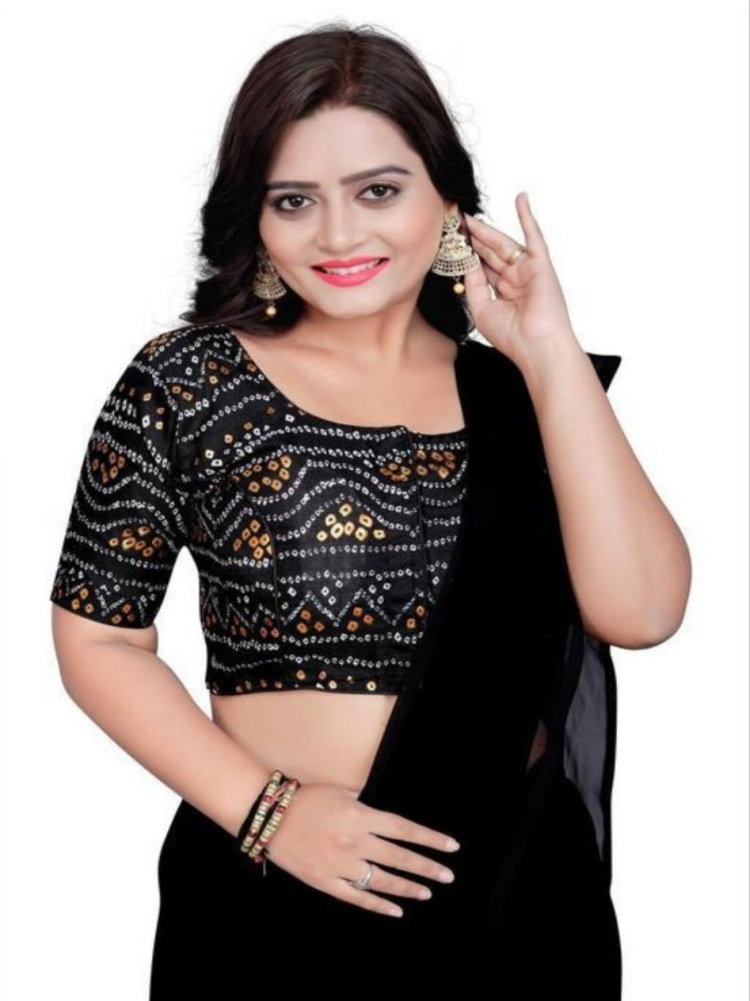 

HERE&NOW Women Printed Round Neck Saree Blouse, Black