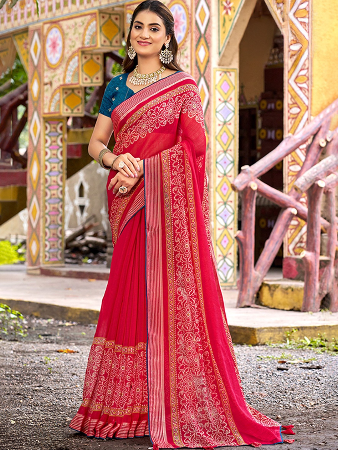 

VIRENDRA TEXTILES Bandhani Pure Georgette Saree, Pink