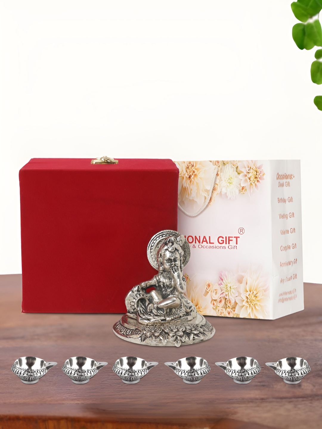 

INTERNATIONAL GIFT Silver Plated Laddu Gopal Idol with 6 Diya Box and Bag