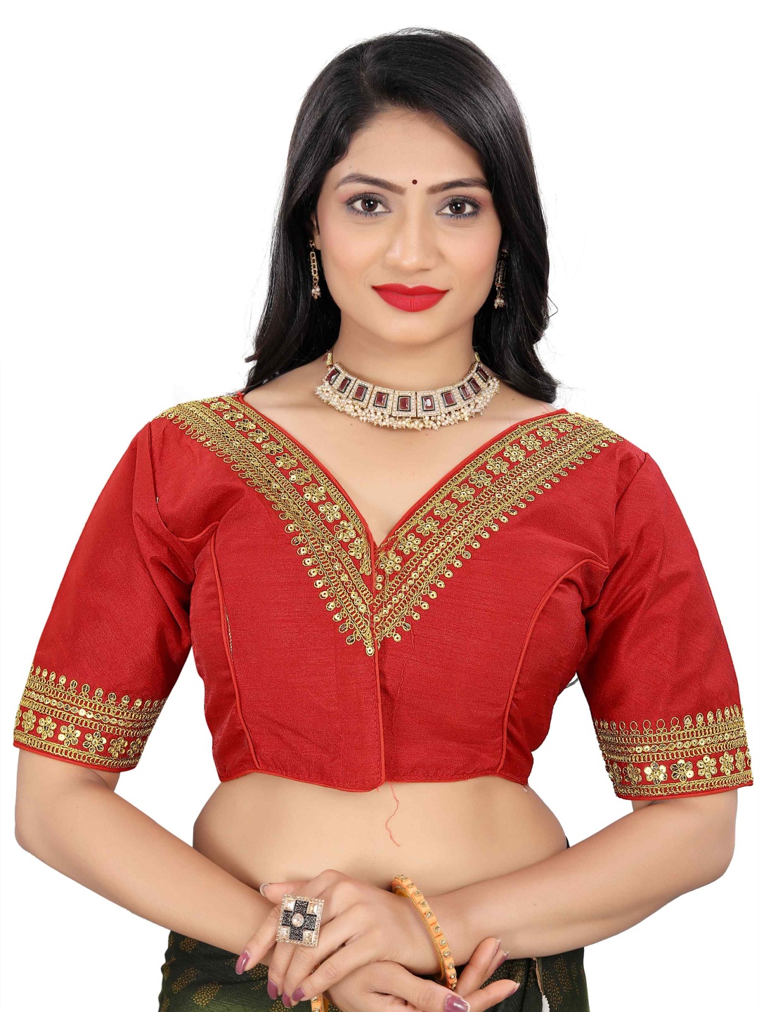 

HERE&NOW Embroidered V Neck Saree Blouse, Red