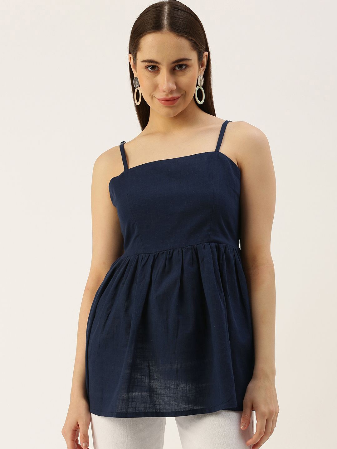 

VYMO Indigo Shoulder Straps Cotton Peplum Top, Navy blue