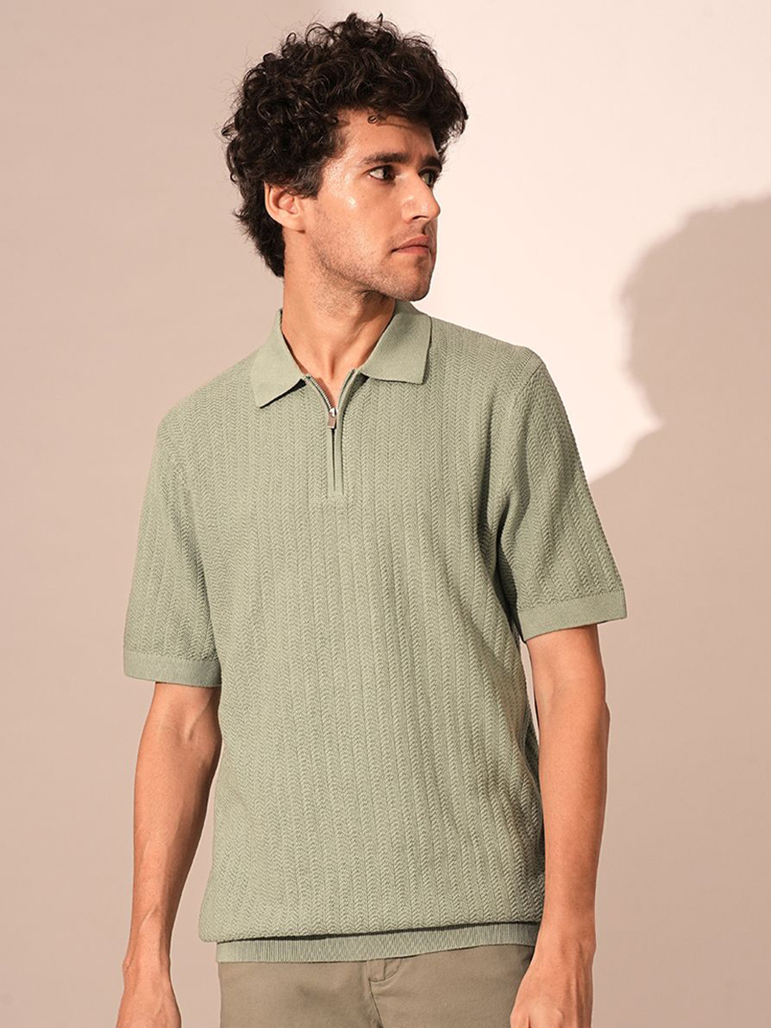 

SELECTED Men Self Design Polo Collar Cotton T-shirt, Green