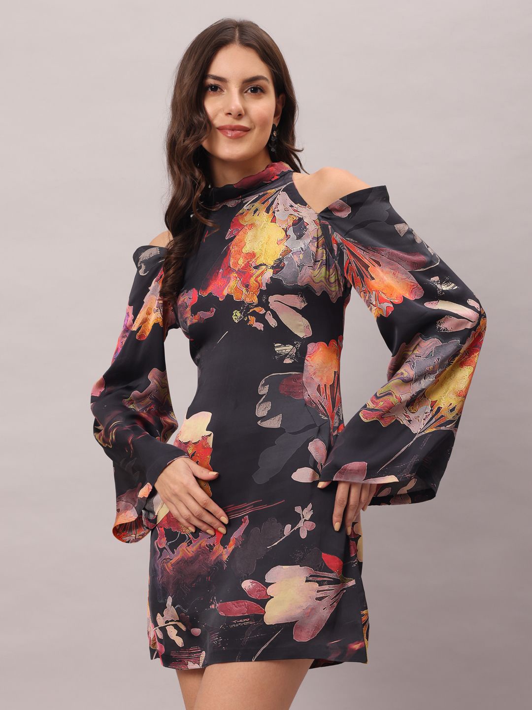 

BRIJAL LAD Floral Print Cold-Shoulder Satin A-Line Mini Dress, Black