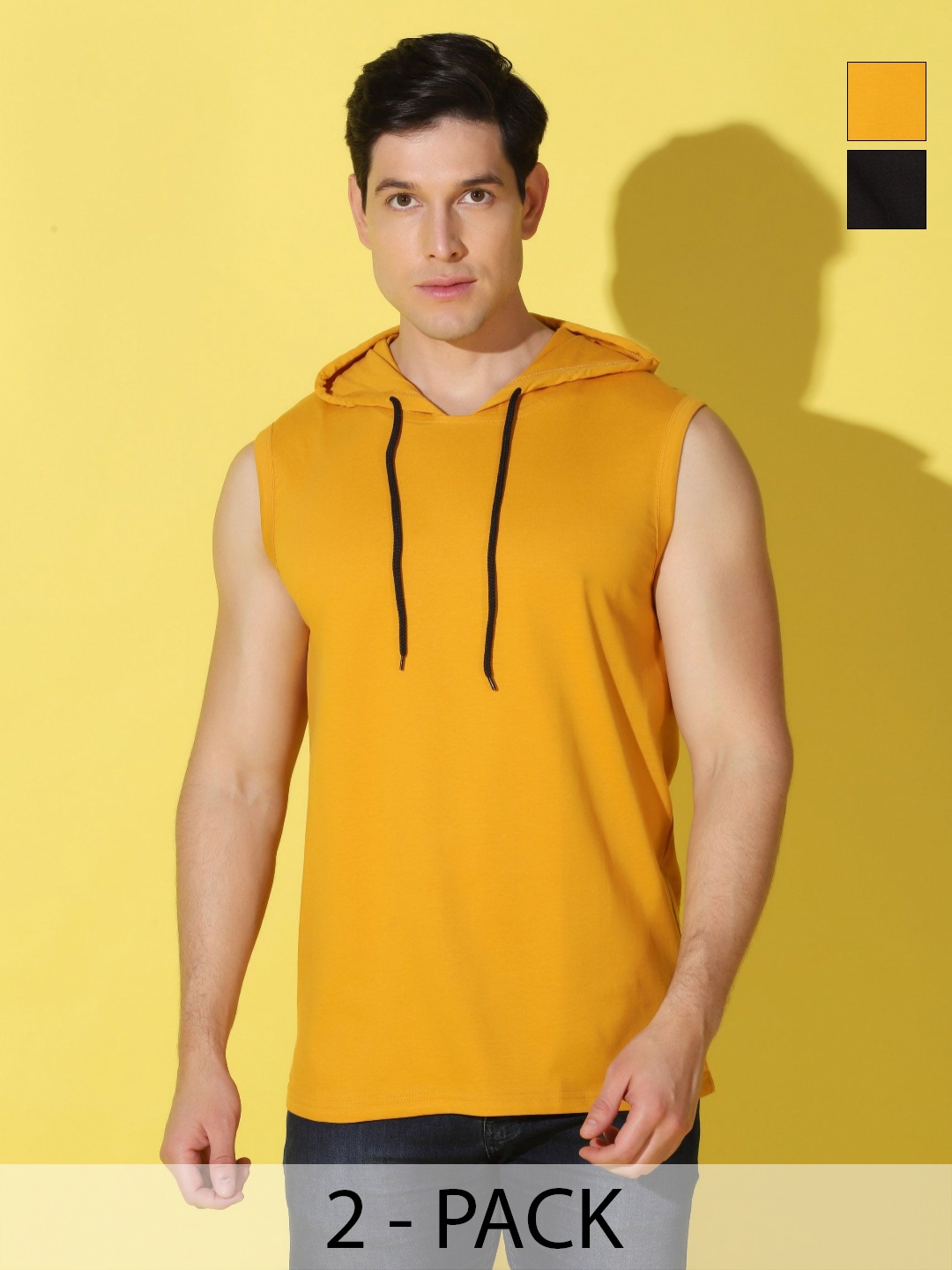 

WOOSTRO Men Pack Of 2 Solid Hooded Cotton T-shirts, Mustard