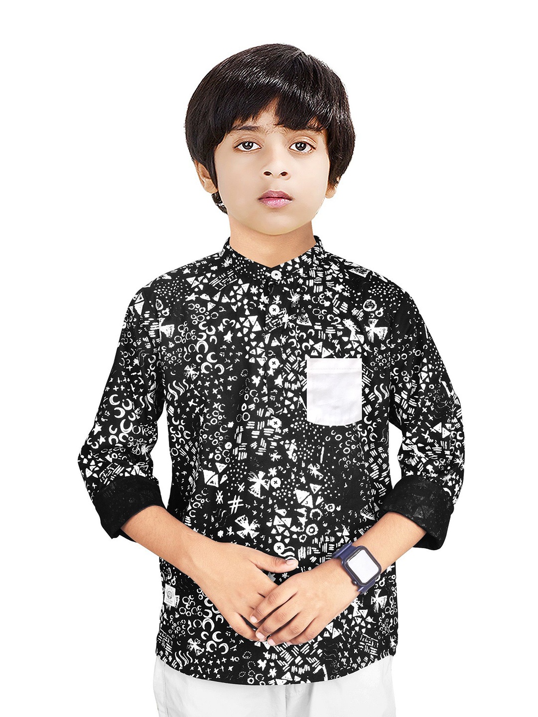 

MADE IN THE SHADE Boys Band Collar Geometric Printed Cotton Casual Shirt, Black