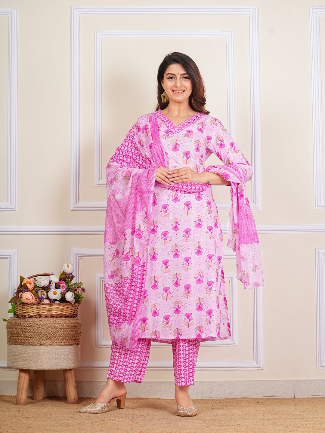 

Ayan Floral Printed V-Neck Mirror Work Pure Cotton Straight Kurta With Trousers & Dupatta, Pink