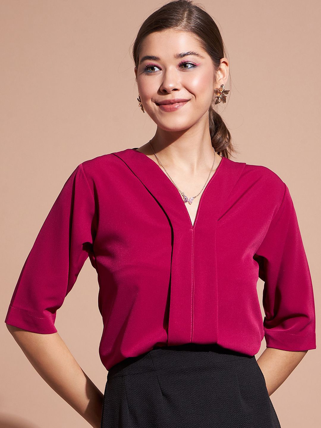 

DressBerry Women Solid V-Neck Top, Magenta
