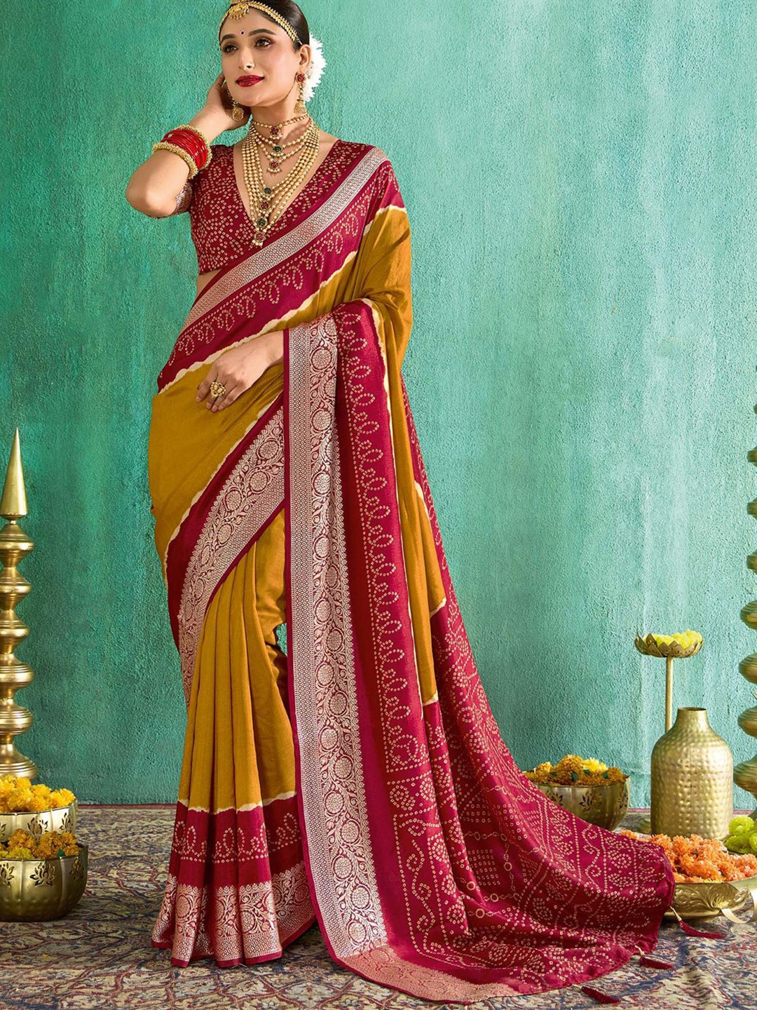 

Anouk Bandhani Zari Silk Blend Bandhani Saree, Mustard