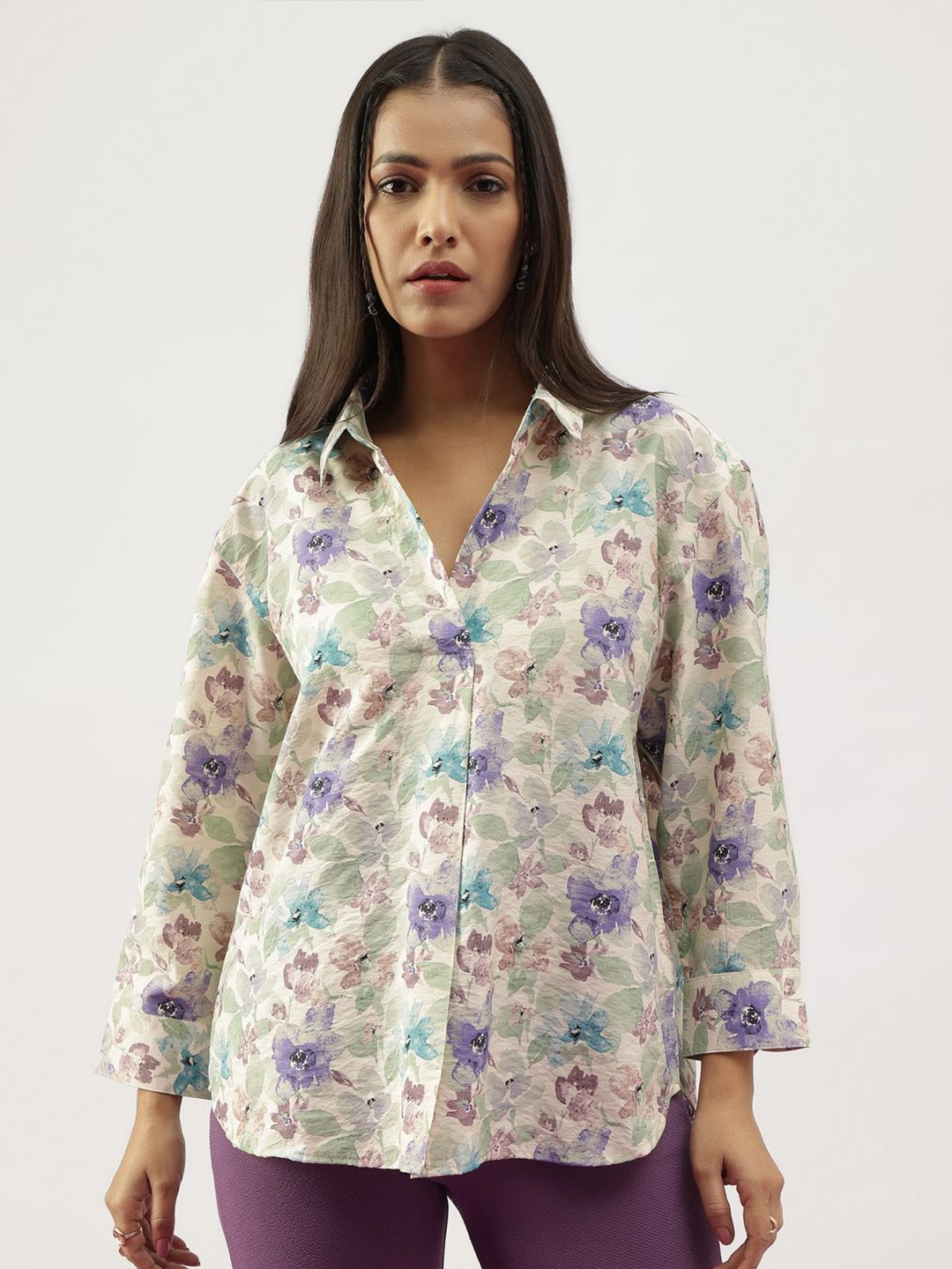

Code 61 Women Comfort Relaxed Fit Spread Collar Floral Printed Cotton Casual Shirt, Beige