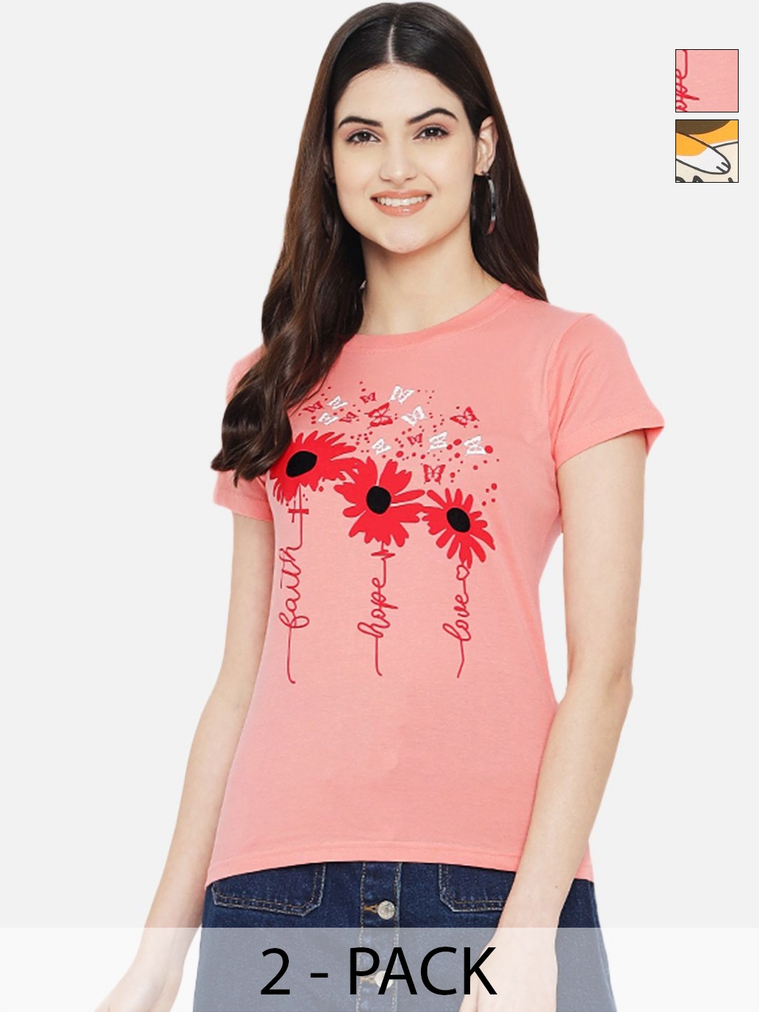 

Dreambe Women Pack Of 2 Graphic Printed Round Neck Cotton T-shirts, Pink