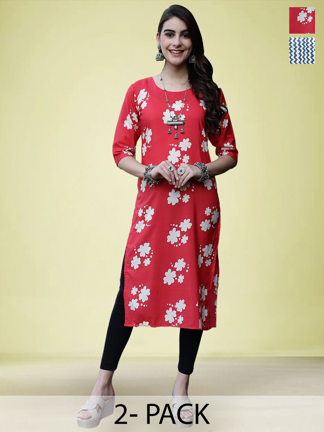 

Moda Rapido Set of 2 Printed Round Neck Straight Kurtas, Red