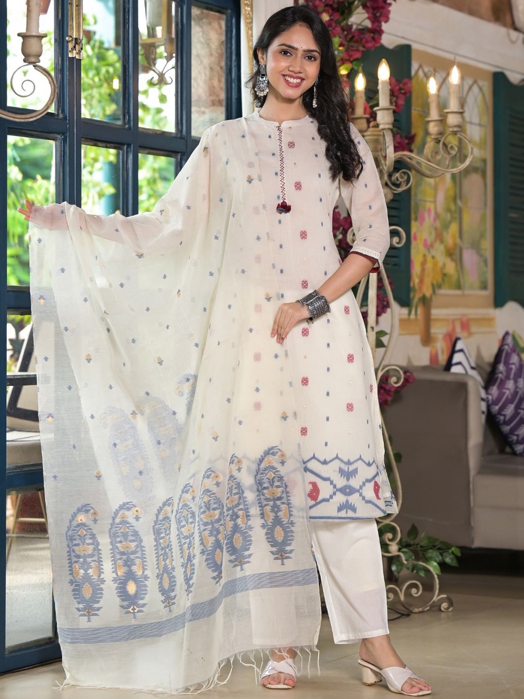 

ANUSHEET Women Ethnic Motifs Regular Pure Cotton Kurti with Trousers & With Dupatta, White