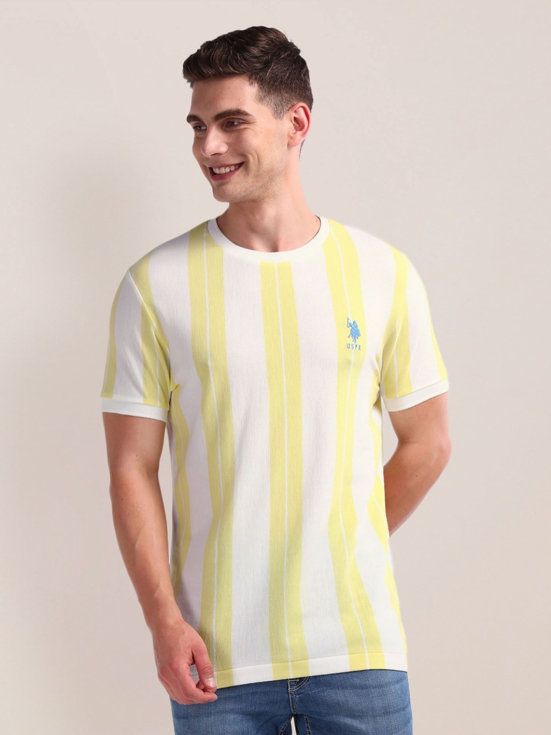 

U.S. Polo Assn. Men Striped Round Neck Cotton T-shirt, Yellow