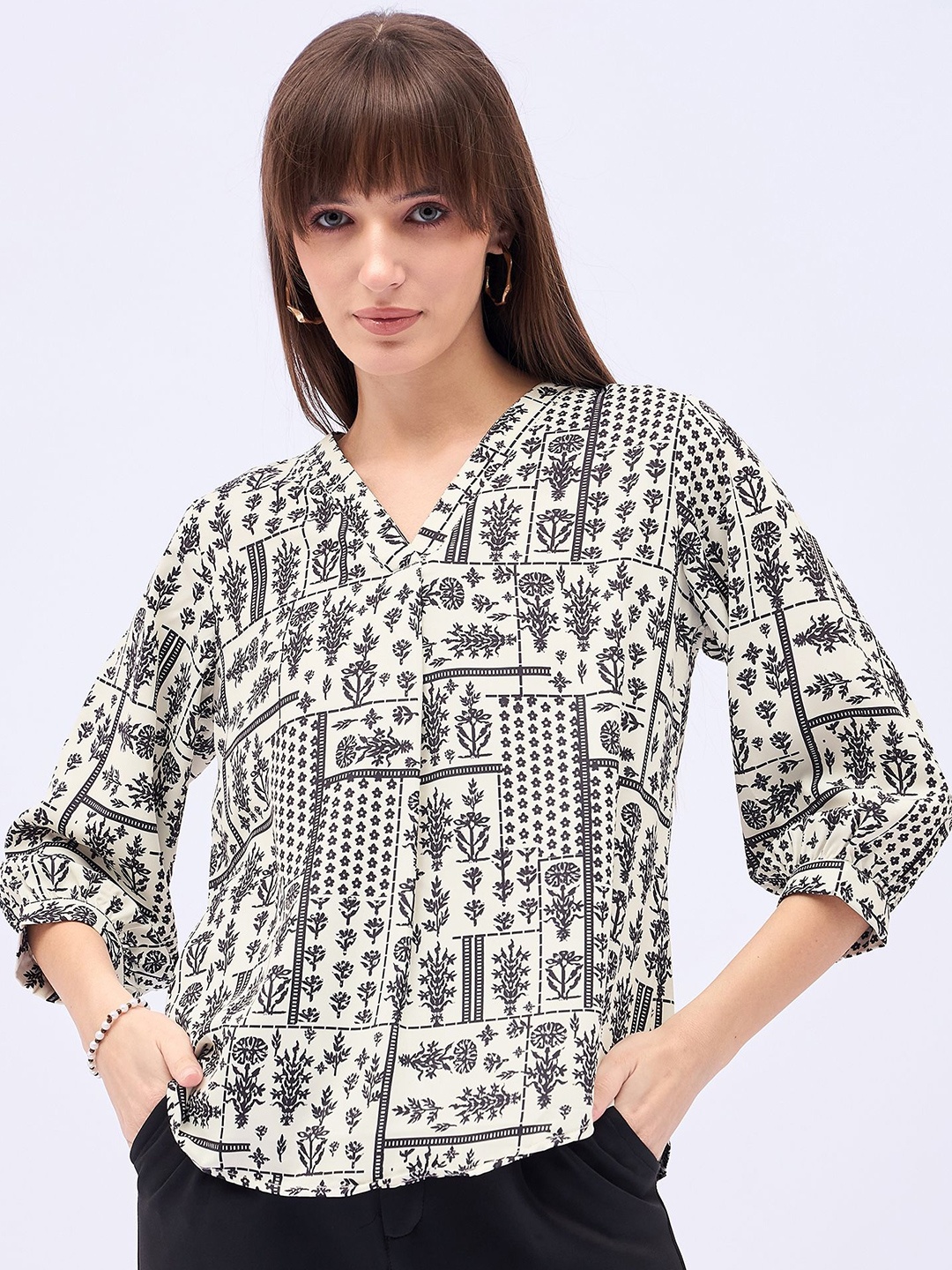 

DressBerry Women Floral Printed V-Neck Satin Top, White