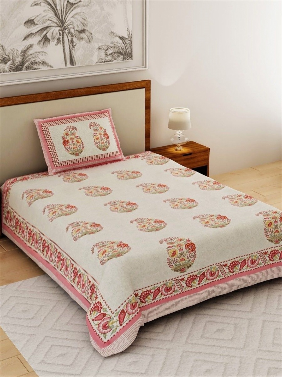 

Aura Beige & Pink Floral 120 TC Single Bedsheet with 1 Pillow Covers