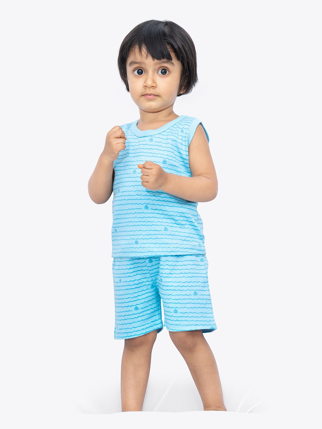 

ariel Kids Striped Pure Cotton T-shirt With Shorts, Blue
