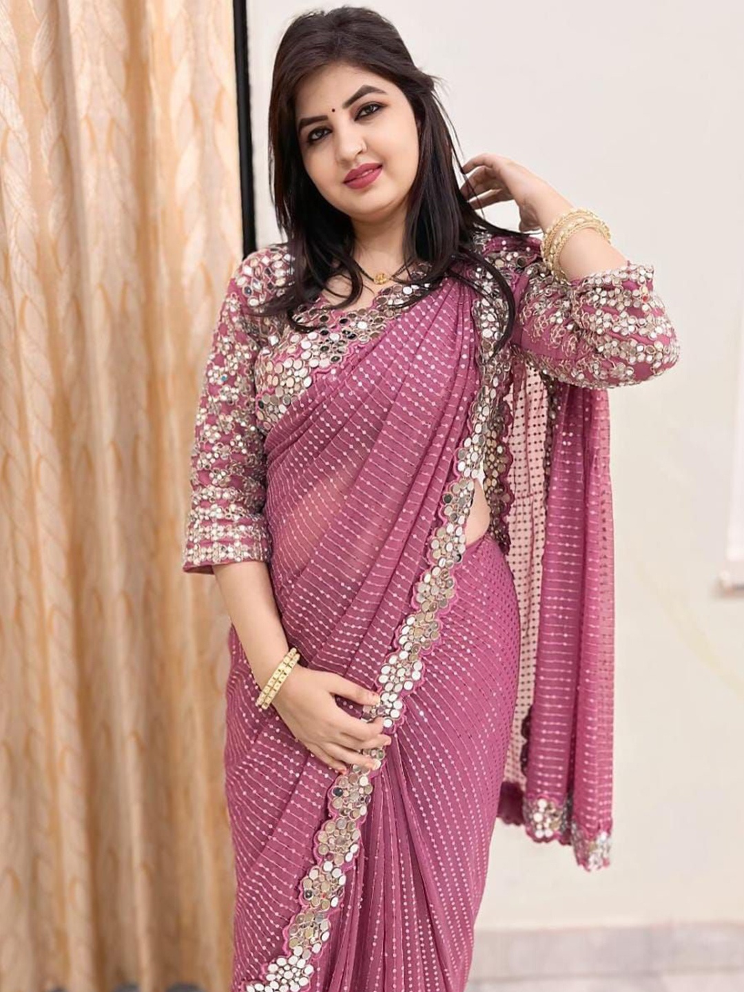 

MANSUBHA Embellished Beads and Stones Pure Georgette Designer Banarasi Saree, Pink