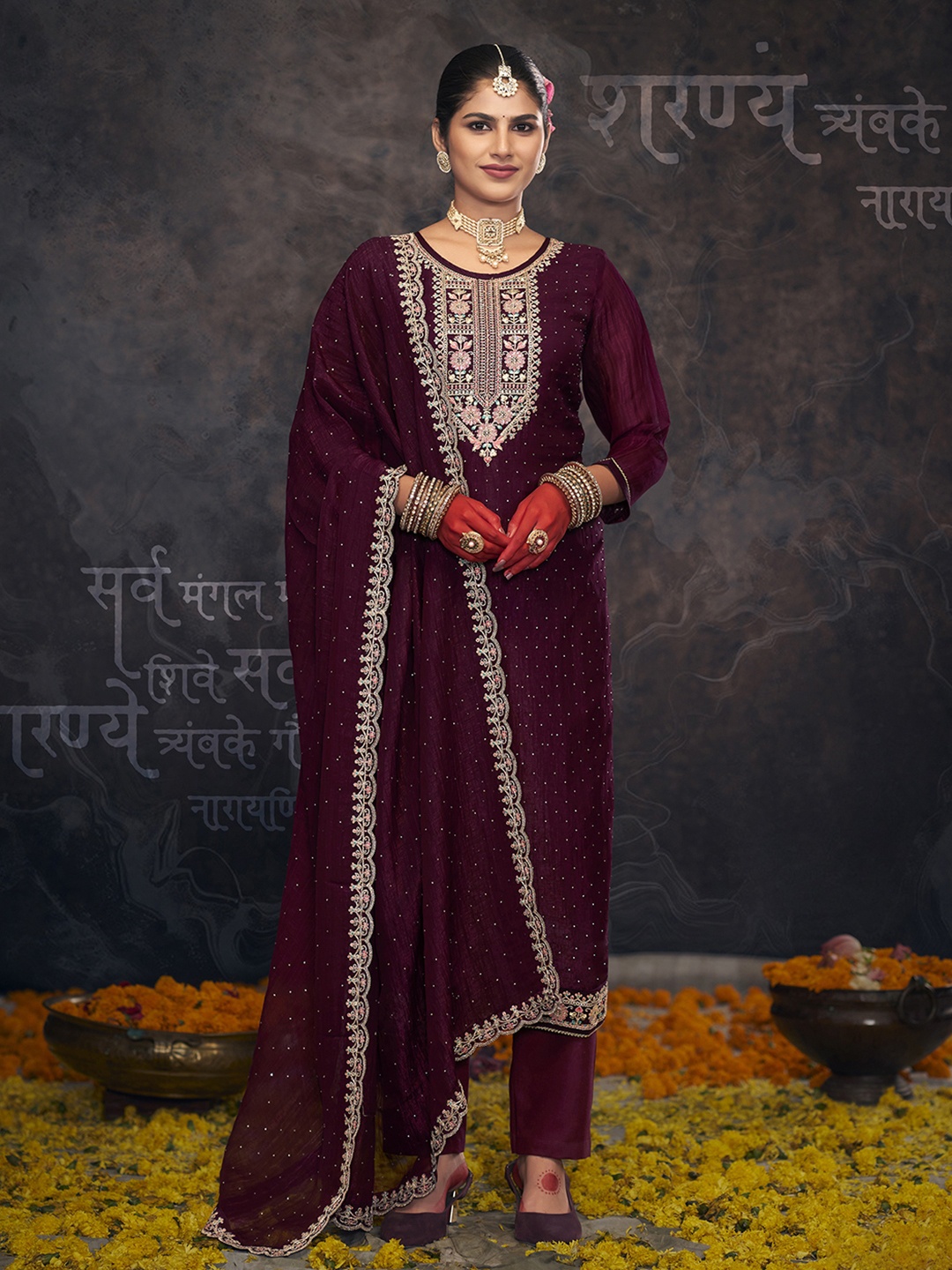 

Anouk Maroon Floral Embroidered Sequinned Unstitched Dress Material