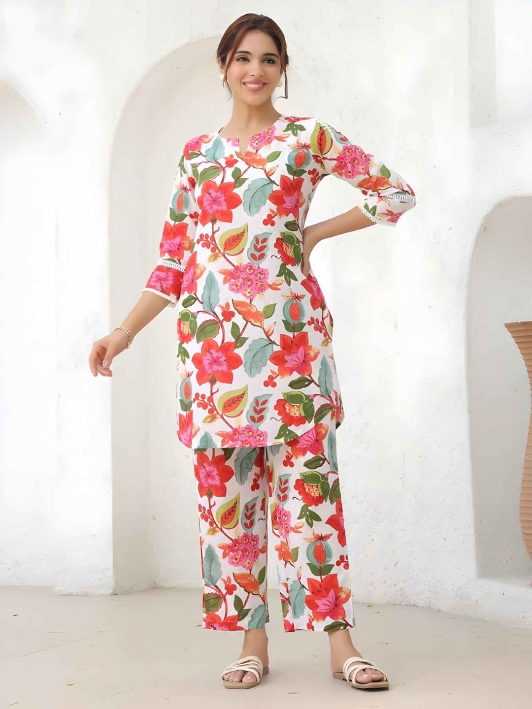 

Acriine Floral Printed Pure Cotton Tunic With Trouser, White