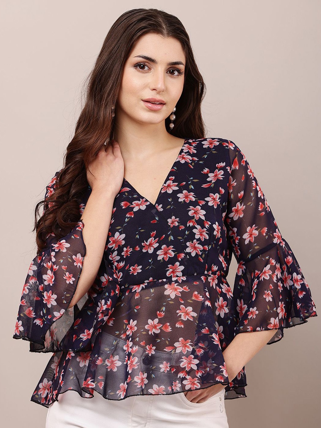 

Raabta Fashion Floral Printed Georgette Wrap Top, Navy blue
