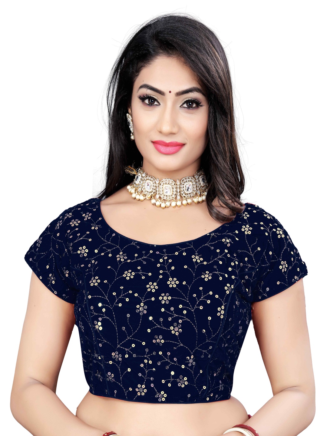 

HERE&NOW Embroidered Round Neck Velvet Saree Blouse, Blue