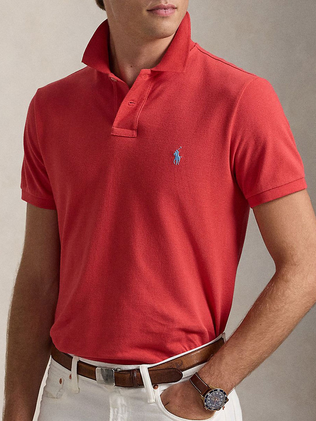 

Polo Ralph Lauren Men Solid Polo Collar Cotton Slim Fit T-shirt, Red