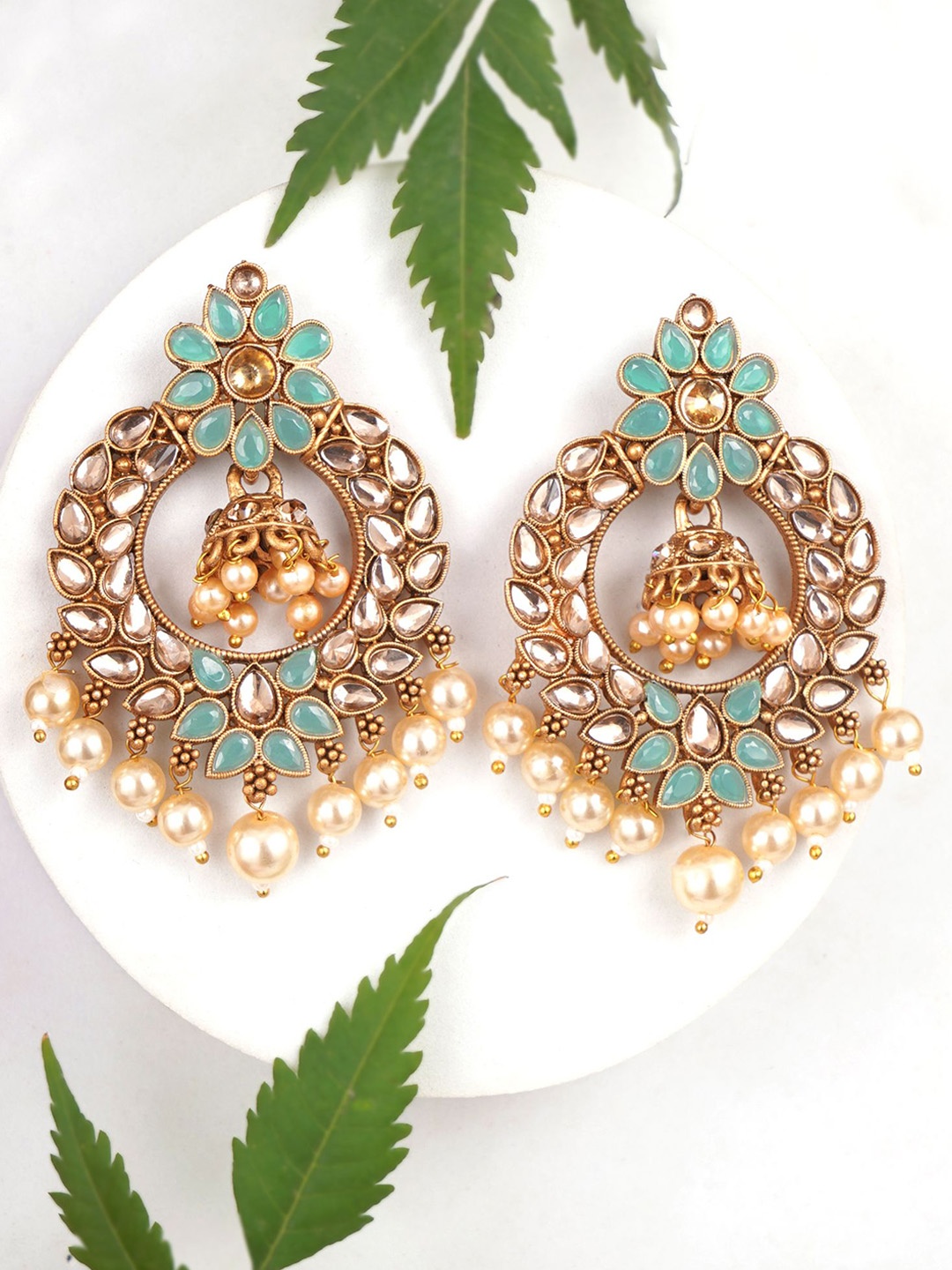 

Adwitiya Collection Gold-Plated Artificial Stones & Pearl Beaded Hanging Chandbalis