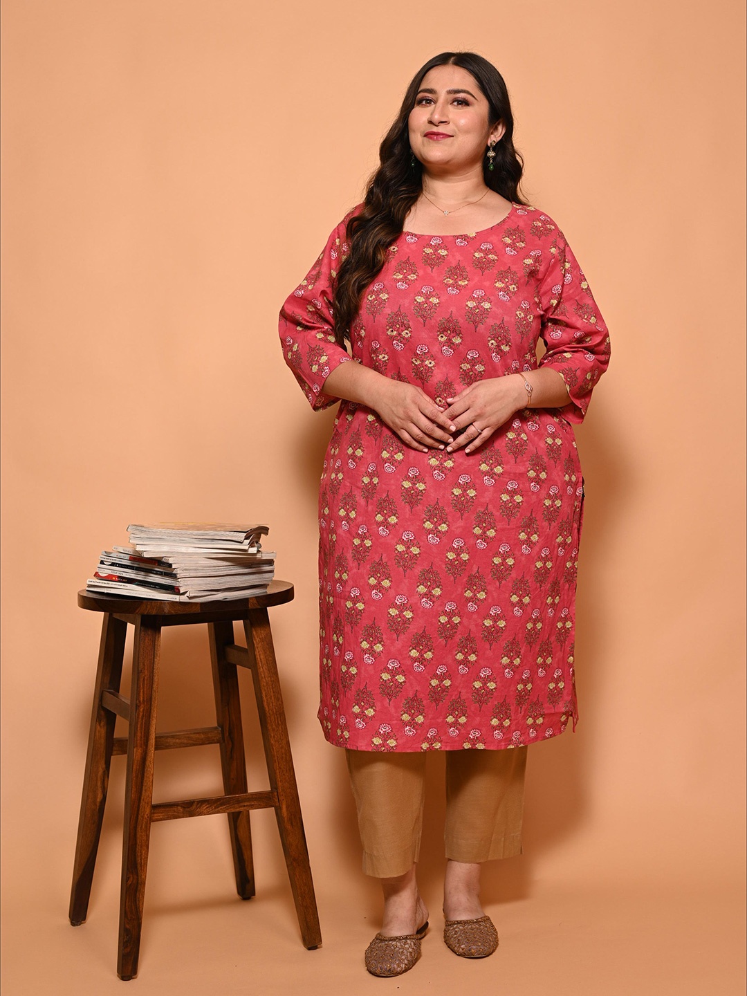 

GATIM Plus Size Floral Printed Round Neck Pure Cotton Straight Kurta, Pink