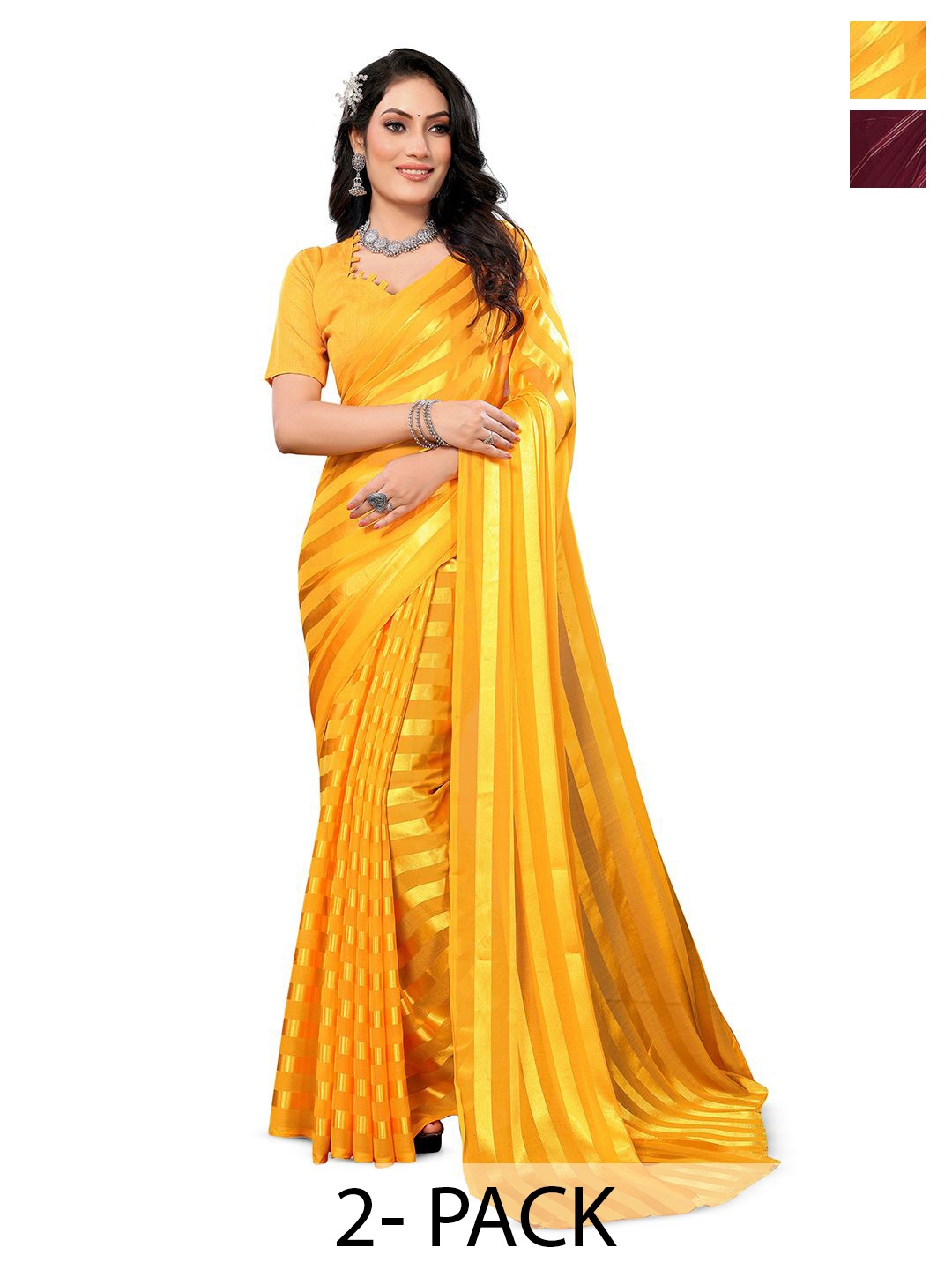 

Moda Rapido Set of 2 Striped Satin Sarees, Yellow