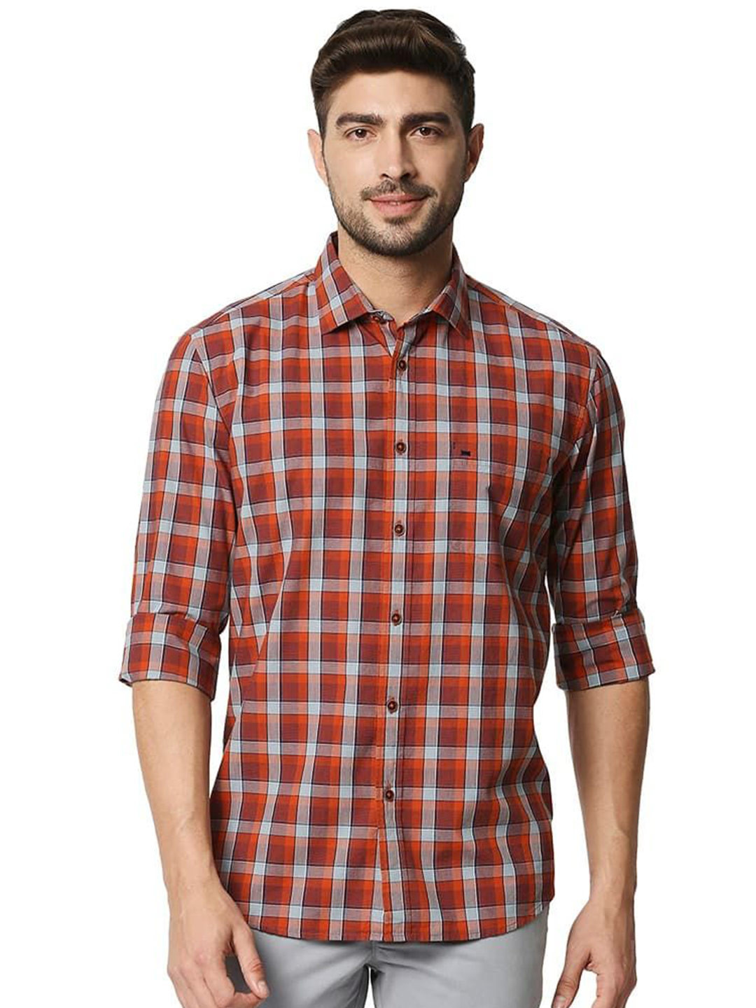 

Basics Men Relaxed Fit Spread Collar Checked Cotton Casual Shirt, Orange