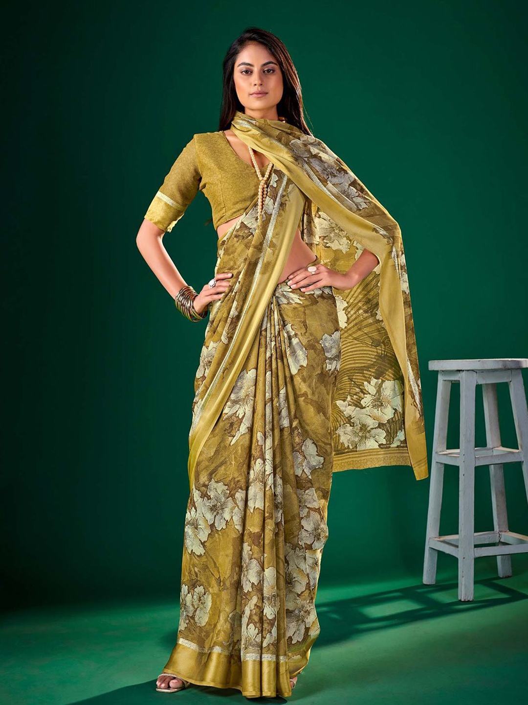 

Mitera Floral Zari Pure Chiffon Muga Saree, Mustard