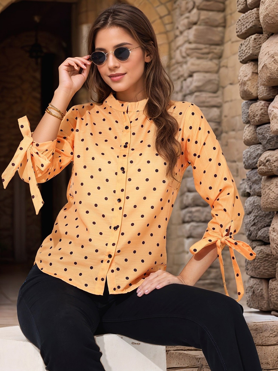 

DressBerry Polka Dot Print Mandarin Collar Shirt Style Top, Yellow