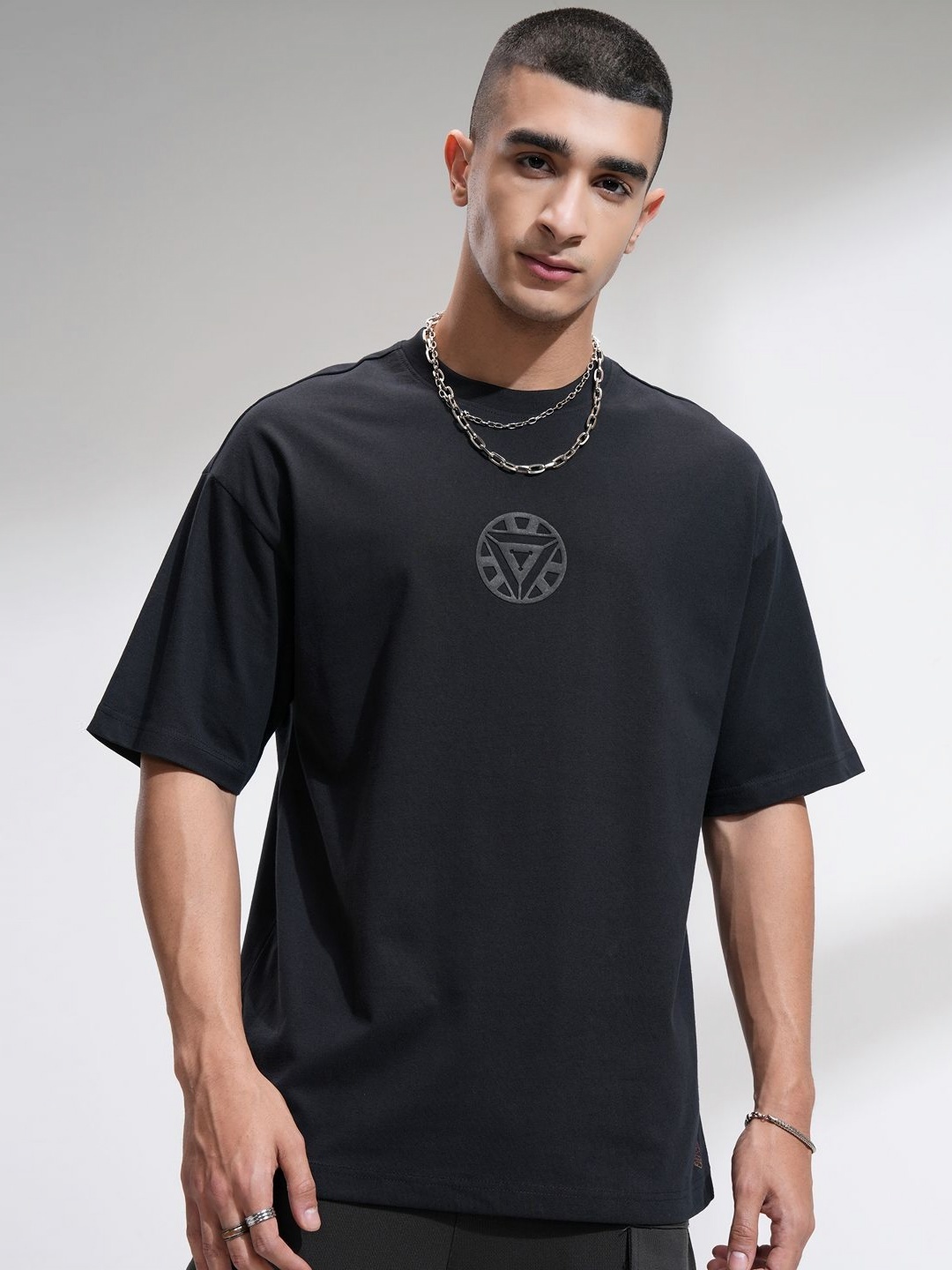 

HIGHLANDER Men Iron Man Graphic Printed Round Neck Cotton Oversized Tshirt, Black