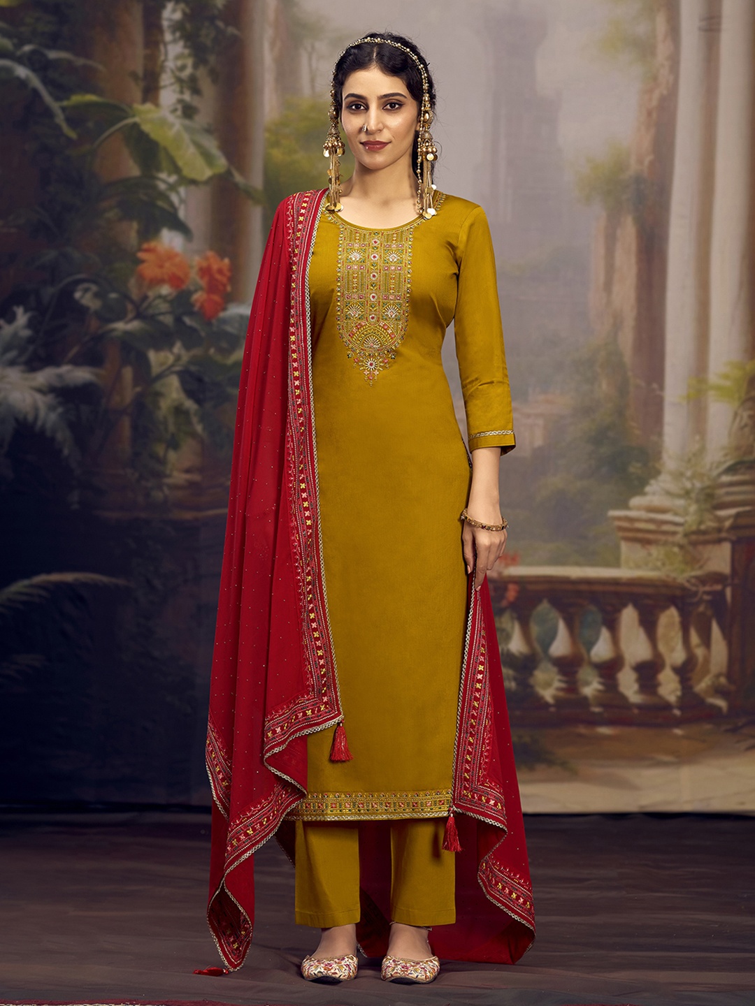 

Anouk Yellow Floral Embroidered Sequunied Unstitched Dress Material