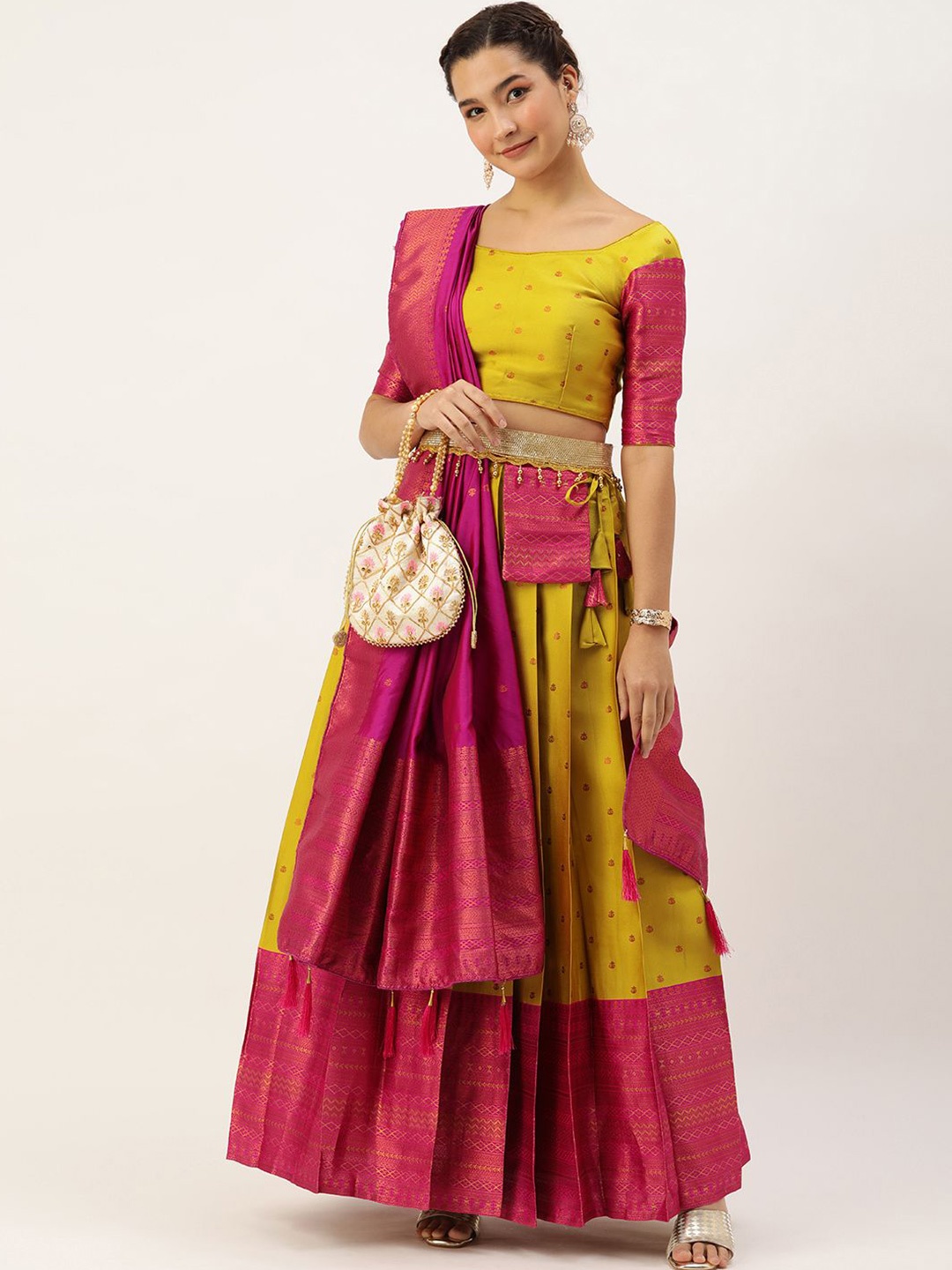 

DIVASTRI Woven Design Silk Semi-Stitched Lehenga & Unstitched Blouse With Dupatta, Yellow