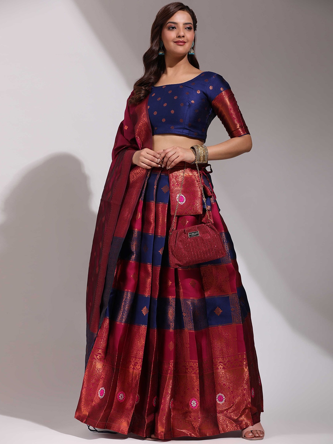 

DIVASTRI Floral Woven Design Semi-Stitched Lehenga & Unstitched Blouse With Dupatta, Navy blue