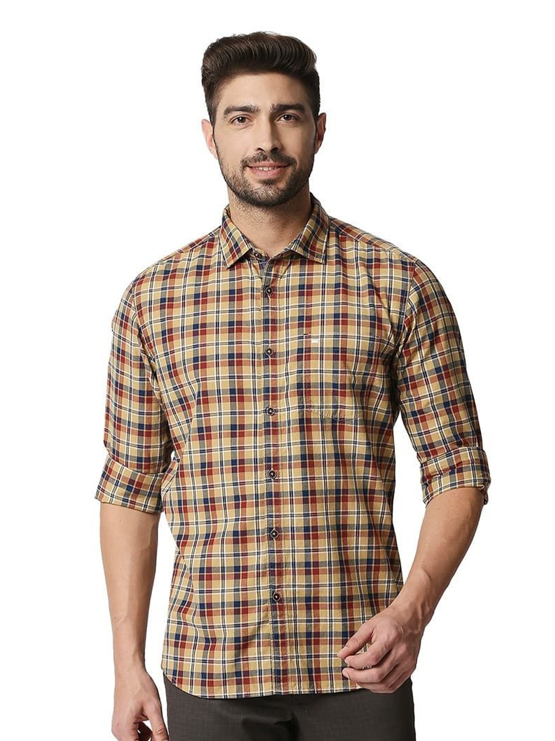 

Basics Men Relaxed Fit Spread Collar Tartan Checked Cotton Casual Shirt, Khaki